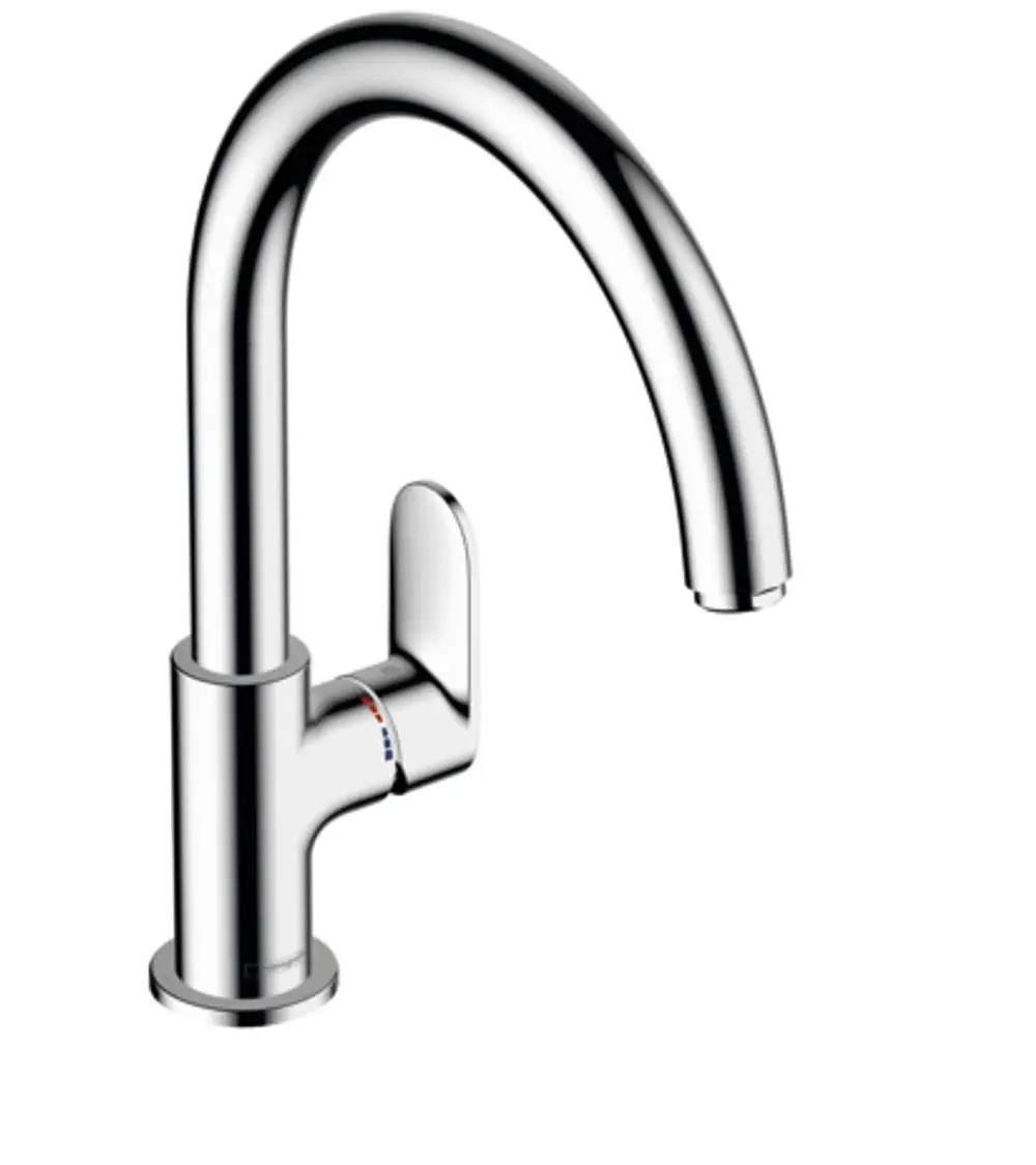 Chromfarbener Spültischmischer von Hansgrohe mit einem hohen Auslauf und einem einzelnen Hebel zur Temperatur- und Durchflussregelung.